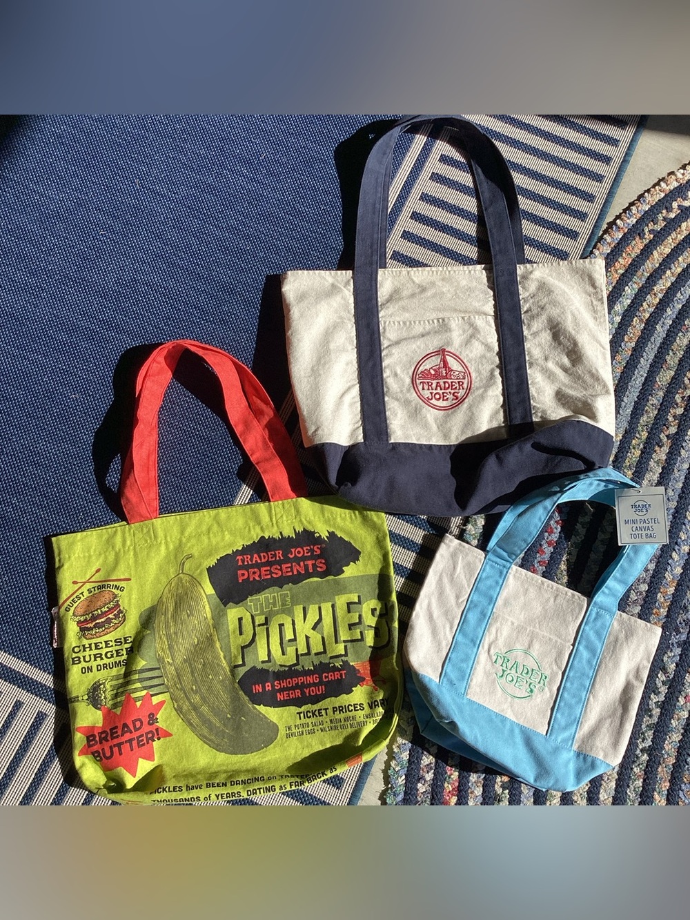 Trader Joe’s reusable tote bag bundle pickles in a jar pastel mini and logo bag